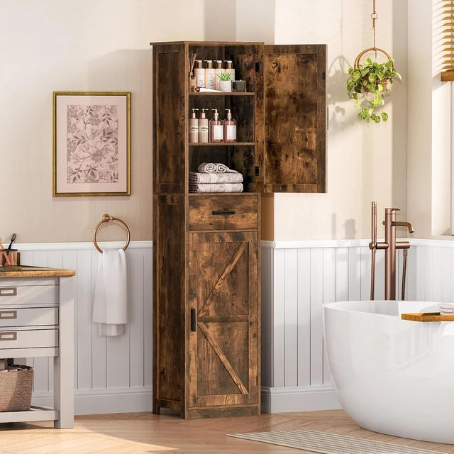 Alt view image 4 of 7 - Tall Bathroom Cabinet, Storage Cabinet with 6 Shelves & Drawer | Bathroom Storage Cabinet with Adjustable Shelves, Tall Cabinet for Living Room, Home Office, Brown