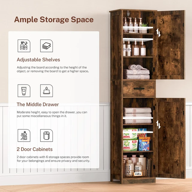 Alt view image 5 of 7 - Tall Bathroom Cabinet, Storage Cabinet with 6 Shelves & Drawer | Bathroom Storage Cabinet with Adjustable Shelves, Tall Cabinet for Living Room, Home Office, Brown
