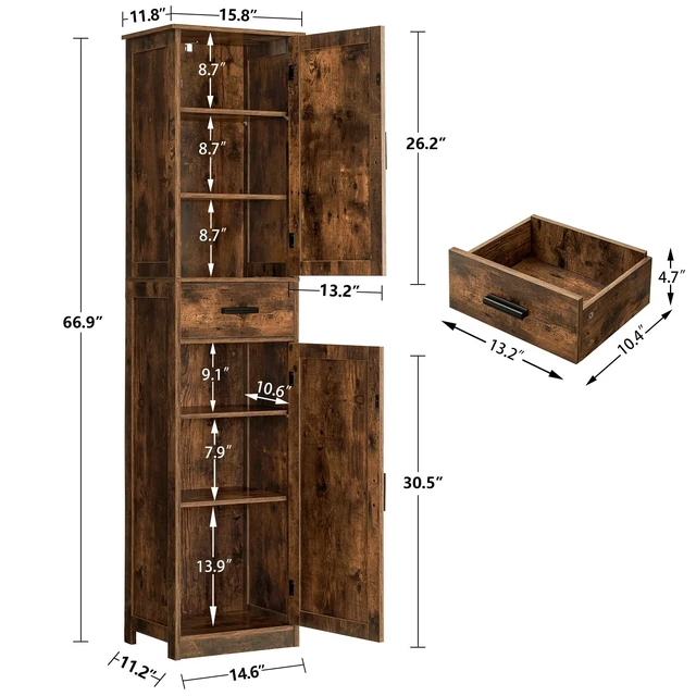Alt view image 3 of 7 - Tall Bathroom Cabinet, Storage Cabinet with 6 Shelves & Drawer | Bathroom Storage Cabinet with Adjustable Shelves, Tall Cabinet for Living Room, Home Office, Brown
