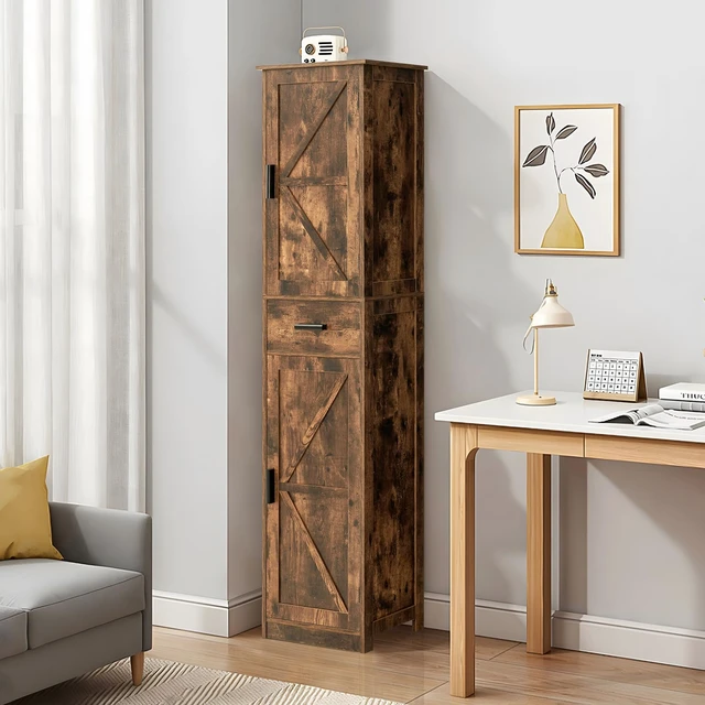 Alt view image 7 of 7 - Tall Bathroom Cabinet, Storage Cabinet with 6 Shelves & Drawer | Bathroom Storage Cabinet with Adjustable Shelves, Tall Cabinet for Living Room, Home Office, Brown