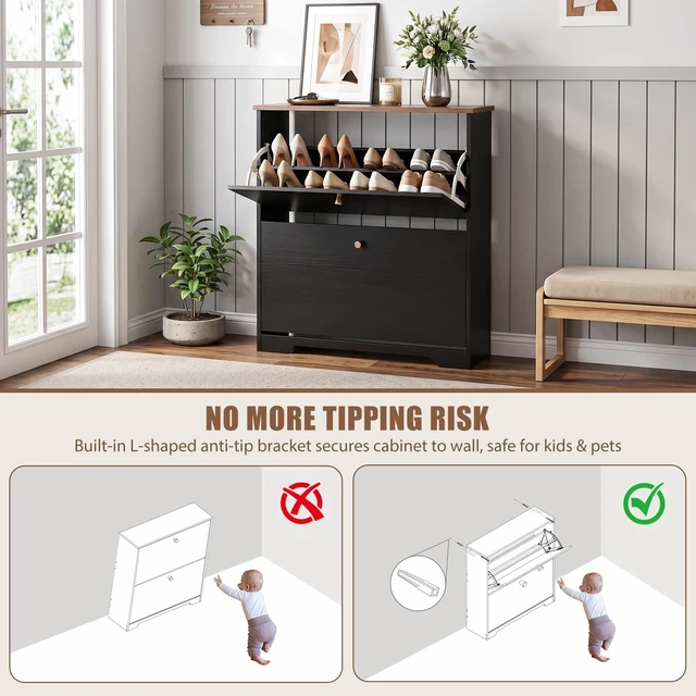 Alt view image 7 of 7 - Shoe Cabinet, 2 Flip Drawers Slim Black Walnut Top Entry Storage | 9.5In Slim MDF, Walnut Top, Holds Up To 12 Pairs, Fits US Men Size 12, Removable Shelves, Soft Close Flip, Anti-Tip Bracket