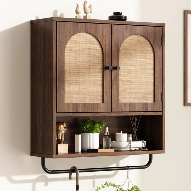 Main image of Rattan Bathroom Wall Cabinet, Boho Medicine Cabinet with 2 Doors | Arched Doors, Farmhouse Over The Toilet Storage Cabinets, Adjustable Shelves, Towel Bar, 3-Tier Wall Mounted Cabinets