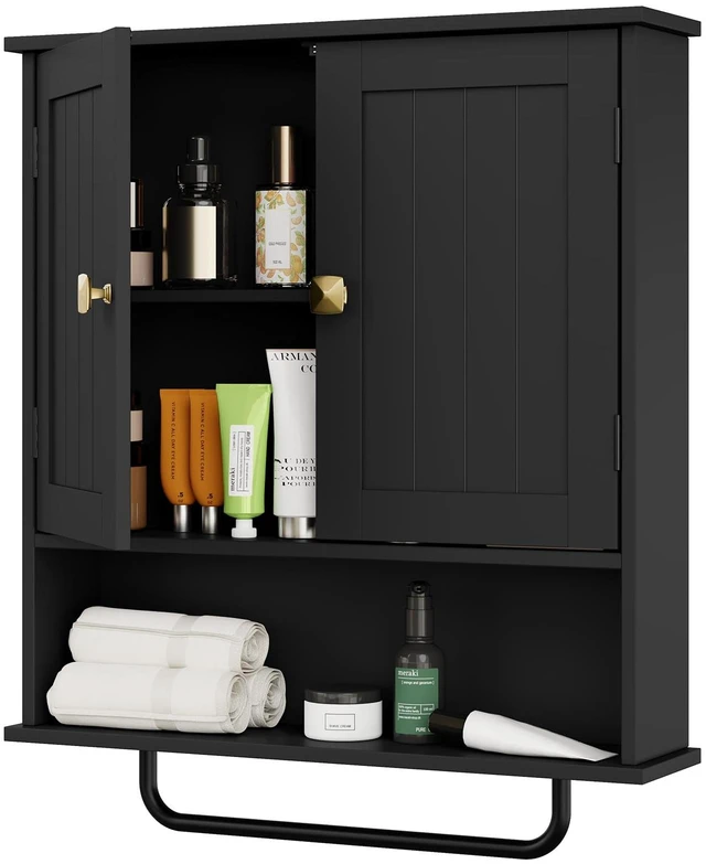 Main image of Bathroom Cabinet Wall Mounted Medicine Cabinets with Towels Bar (Black) | Over The Toilet Storage Cabinet with 2 Doors and Adjustable Shelf, White Wall Cabinet for Bathroom Laundry Kitchen
