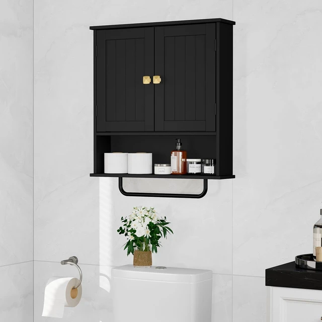 Alt view image 2 of 7 - Bathroom Cabinet Wall Mounted Medicine Cabinets with Towels Bar (Black) | Over The Toilet Storage Cabinet with 2 Doors and Adjustable Shelf, White Wall Cabinet for Bathroom Laundry Kitchen