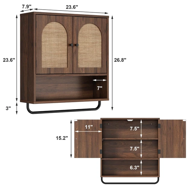 Alt view image 2 of 7 - Rattan Bathroom Wall Cabinet, Boho Medicine Cabinet with 2 Doors | Arched Doors, Farmhouse Over The Toilet Storage Cabinets, Adjustable Shelves, Towel Bar, 3-Tier Wall Mounted Cabinets