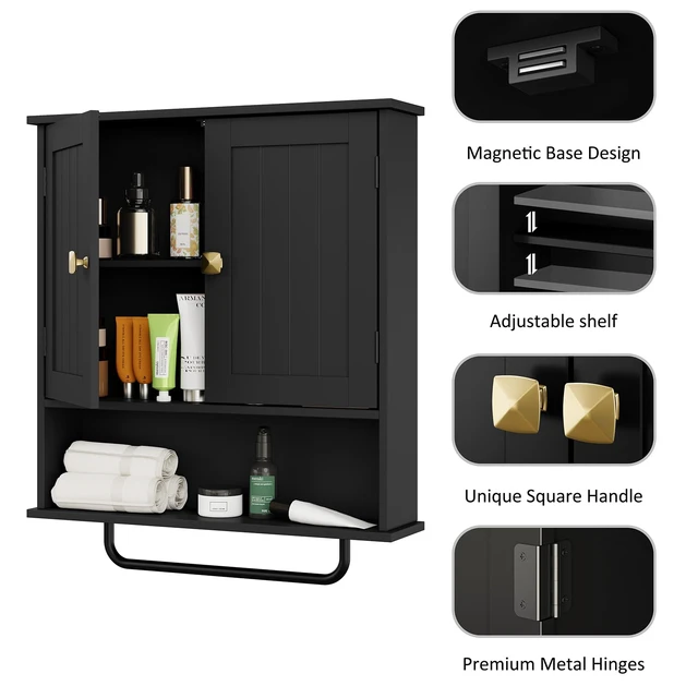 Alt view image 3 of 7 - Bathroom Cabinet Wall Mounted Medicine Cabinets with Towels Bar (Black) | Over The Toilet Storage Cabinet with 2 Doors and Adjustable Shelf, White Wall Cabinet for Bathroom Laundry Kitchen
