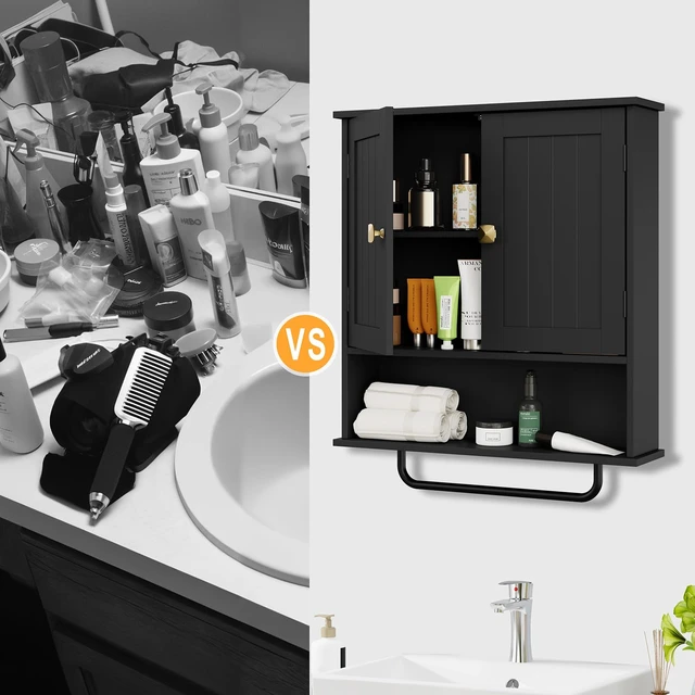 Alt view image 4 of 7 - Bathroom Cabinet Wall Mounted Medicine Cabinets with Towels Bar (Black) | Over The Toilet Storage Cabinet with 2 Doors and Adjustable Shelf, White Wall Cabinet for Bathroom Laundry Kitchen