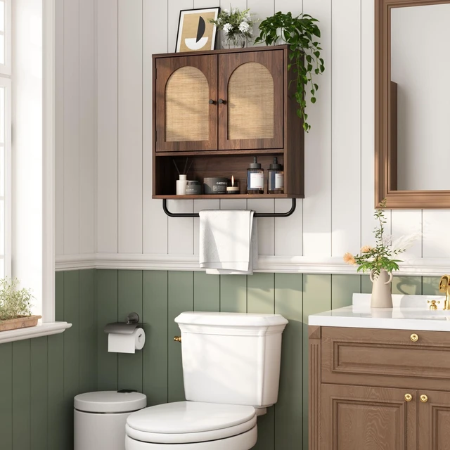 Alt view image 3 of 7 - Rattan Bathroom Wall Cabinet, Boho Medicine Cabinet with 2 Doors | Arched Doors, Farmhouse Over The Toilet Storage Cabinets, Adjustable Shelves, Towel Bar, 3-Tier Wall Mounted Cabinets