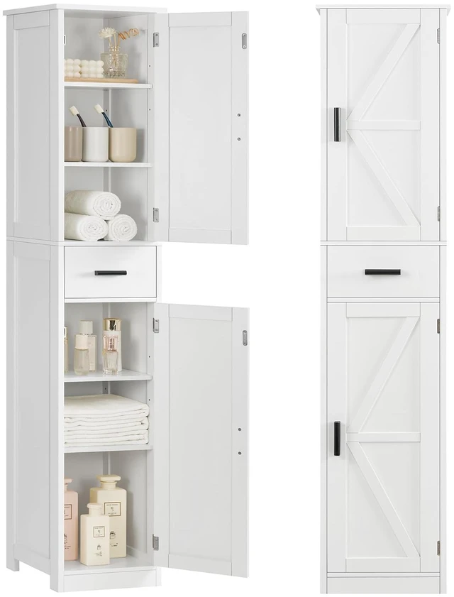 Main image of 67 Tall Bathroom Cabinet with 6 Shelves & 1 Drawer, Narrow Storage Cabinet with Adjustable Shelves, Silm Cabinet for Living Room, Kitchen, White