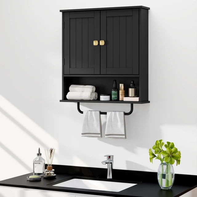 Alt view image 5 of 7 - Bathroom Cabinet Wall Mounted Medicine Cabinets with Towels Bar (Black) | Over The Toilet Storage Cabinet with 2 Doors and Adjustable Shelf, White Wall Cabinet for Bathroom Laundry Kitchen