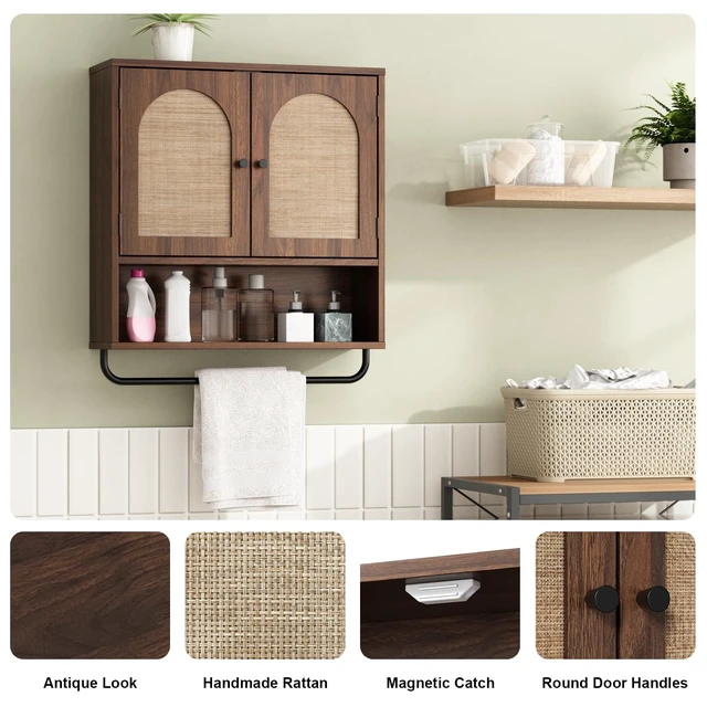 Alt view image 4 of 7 - Rattan Bathroom Wall Cabinet, Boho Medicine Cabinet with 2 Doors | Arched Doors, Farmhouse Over The Toilet Storage Cabinets, Adjustable Shelves, Towel Bar, 3-Tier Wall Mounted Cabinets