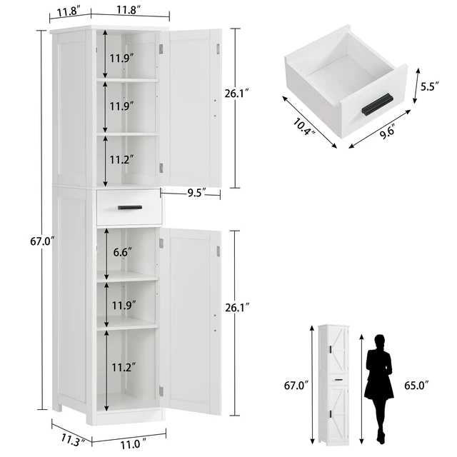 Alt view image 2 of 7 - 67 Tall Bathroom Cabinet with 6 Shelves & 1 Drawer, Narrow Storage Cabinet with Adjustable Shelves, Silm Cabinet for Living Room, Kitchen, White