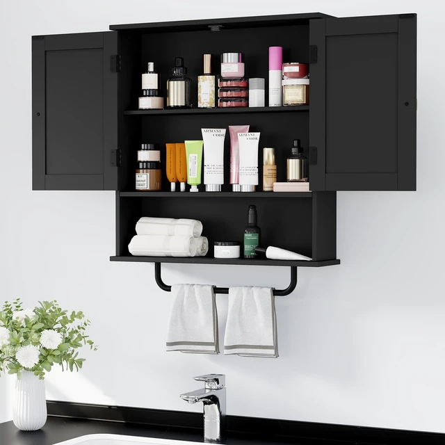 Alt view image 6 of 7 - Bathroom Cabinet Wall Mounted Medicine Cabinets with Towels Bar (Black) | Over The Toilet Storage Cabinet with 2 Doors and Adjustable Shelf, White Wall Cabinet for Bathroom Laundry Kitchen