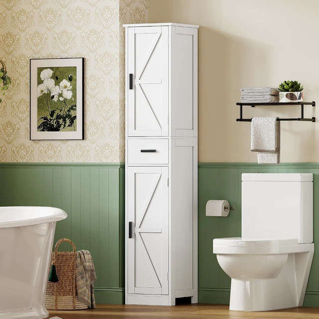 Alt view image 3 of 7 - 67 Tall Bathroom Cabinet with 6 Shelves & 1 Drawer, Narrow Storage Cabinet with Adjustable Shelves, Silm Cabinet for Living Room, Kitchen, White