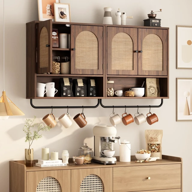 Alt view image 7 of 7 - Rattan Bathroom Wall Cabinet, Boho Medicine Cabinet with 2 Doors | Arched Doors, Farmhouse Over The Toilet Storage Cabinets, Adjustable Shelves, Towel Bar, 3-Tier Wall Mounted Cabinets