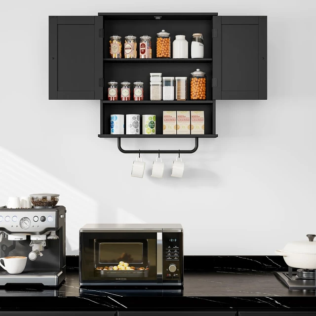 Alt view image 7 of 7 - Bathroom Cabinet Wall Mounted Medicine Cabinets with Towels Bar (Black) | Over The Toilet Storage Cabinet with 2 Doors and Adjustable Shelf, White Wall Cabinet for Bathroom Laundry Kitchen