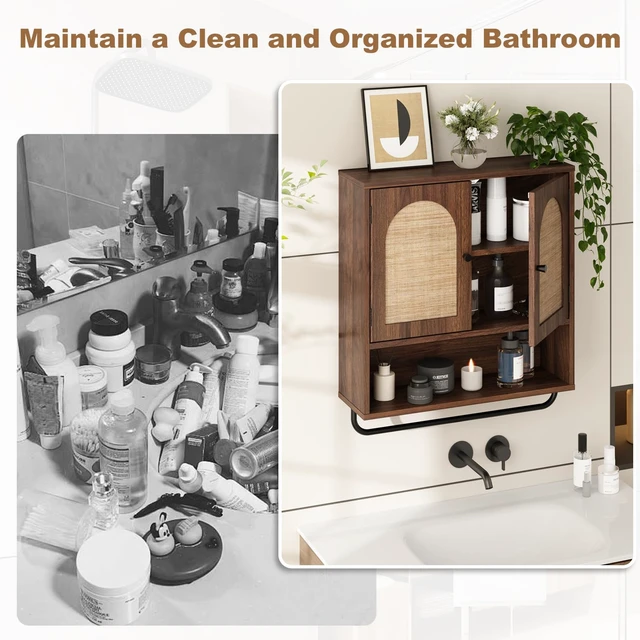 Alt view image 6 of 7 - Rattan Bathroom Wall Cabinet, Boho Medicine Cabinet with 2 Doors | Arched Doors, Farmhouse Over The Toilet Storage Cabinets, Adjustable Shelves, Towel Bar, 3-Tier Wall Mounted Cabinets