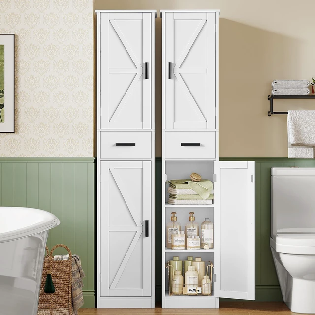 Alt view image 4 of 7 - 67 Tall Bathroom Cabinet with 6 Shelves & 1 Drawer, Narrow Storage Cabinet with Adjustable Shelves, Silm Cabinet for Living Room, Kitchen, White