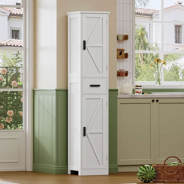 Alt view image 5 of 7 - 67 Tall Bathroom Cabinet with 6 Shelves & 1 Drawer, Narrow Storage Cabinet with Adjustable Shelves, Silm Cabinet for Living Room, Kitchen, White