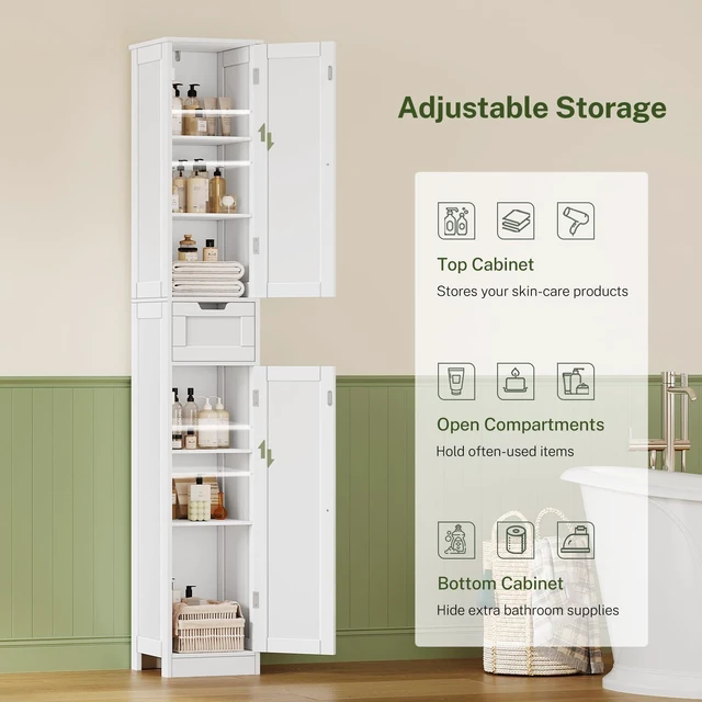 Alt view image 6 of 7 - 67 Tall Bathroom Cabinet with 6 Shelves & 1 Drawer, Narrow Storage Cabinet with Adjustable Shelves, Silm Cabinet for Living Room, Kitchen, White