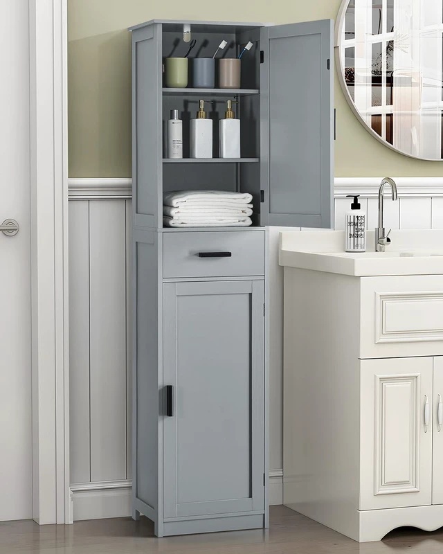 Alt view image 3 of 7 - 67 Tall Bathroom Cabinet, Storage Cabinet with 4 Shelves & 2 Doors, Narrow Storage Cabinet for Bathroom, Living Room, Home Office, Greige