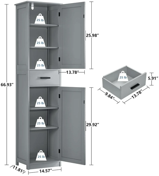 Alt view image 2 of 7 - 67 Tall Bathroom Cabinet, Storage Cabinet with 4 Shelves & 2 Doors, Narrow Storage Cabinet for Bathroom, Living Room, Home Office, Greige