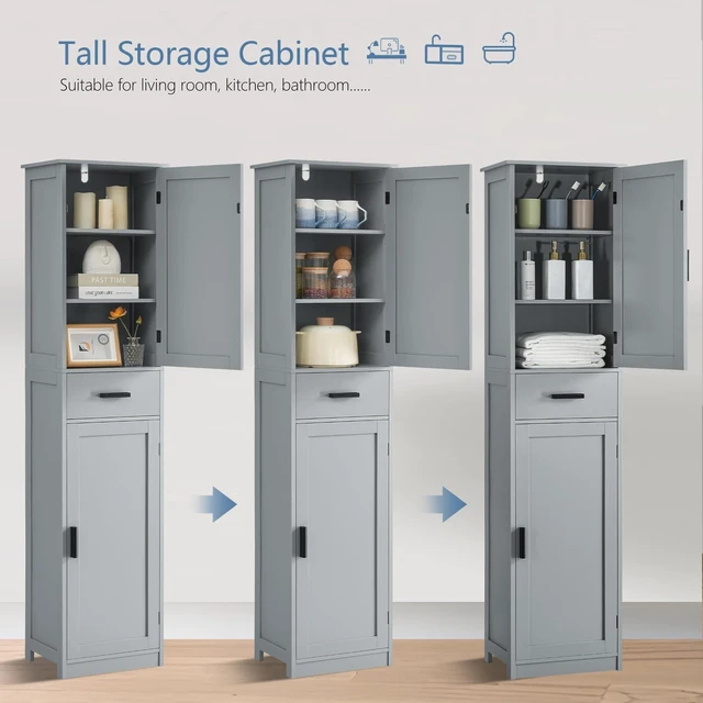 Alt view image 4 of 7 - 67 Tall Bathroom Cabinet, Storage Cabinet with 4 Shelves & 2 Doors, Narrow Storage Cabinet for Bathroom, Living Room, Home Office, Greige