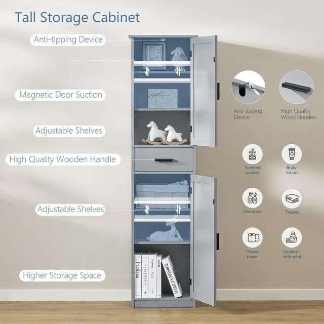 Alt view image 5 of 7 - 67 Tall Bathroom Cabinet, Storage Cabinet with 4 Shelves & 2 Doors, Narrow Storage Cabinet for Bathroom, Living Room, Home Office, Greige
