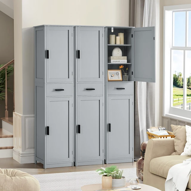 Alt view image 6 of 7 - 67 Tall Bathroom Cabinet, Storage Cabinet with 4 Shelves & 2 Doors, Narrow Storage Cabinet for Bathroom, Living Room, Home Office, Greige