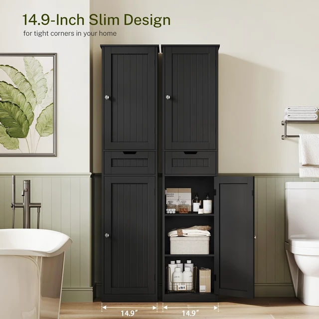 Alt view image 2 of 7 - 66.9" H Tall Storage Cabinet with 2 Doors and 1 Drawer, Narrow Black Cabinet with Adjustable Shelves, for Bathroom, Living Room, Entryway, Kitchen, Black
