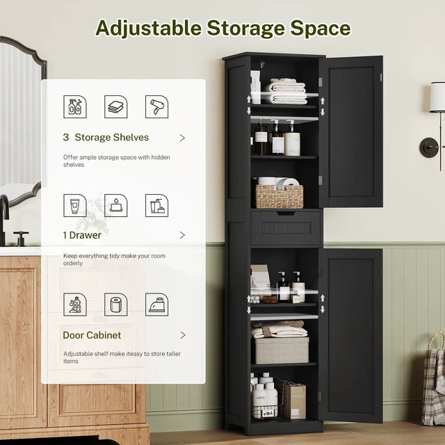 Alt view image 6 of 7 - 66.9" H Tall Storage Cabinet with 2 Doors and 1 Drawer, Narrow Black Cabinet with Adjustable Shelves, for Bathroom, Living Room, Entryway, Kitchen, Black