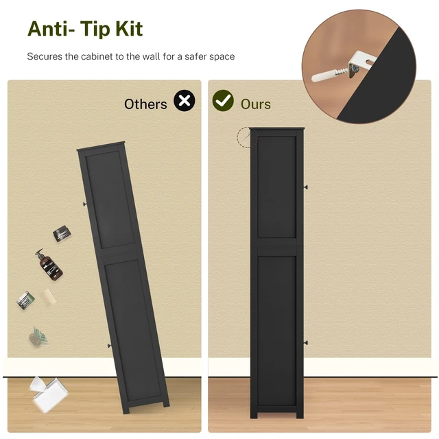 Alt view image 7 of 7 - 66.9" H Tall Storage Cabinet with 2 Doors and 1 Drawer, Narrow Black Cabinet with Adjustable Shelves, for Bathroom, Living Room, Entryway, Kitchen, Black