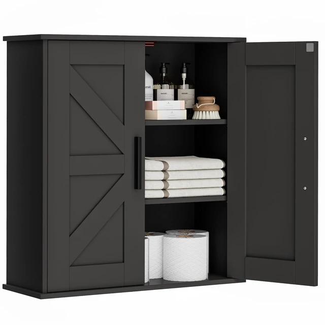 Main image of Bathroom Wall Cabinet, Medicine Cabinet with Adjustable Shelves | 3-Tier Wall Mounted Over Toilet Storage with Barn Doors, for Bathroom, Kitchen, Entryway, Laundry Room, Black, (7.9" D)