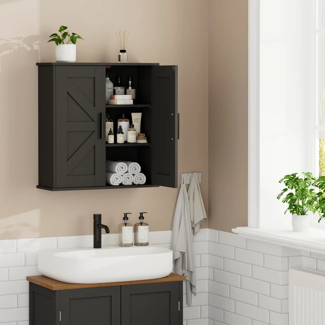 Alt view image 2 of 7 - Bathroom Wall Cabinet, Medicine Cabinet with Adjustable Shelves | 3-Tier Wall Mounted Over Toilet Storage with Barn Doors, for Bathroom, Kitchen, Entryway, Laundry Room, Black, (7.9" D)