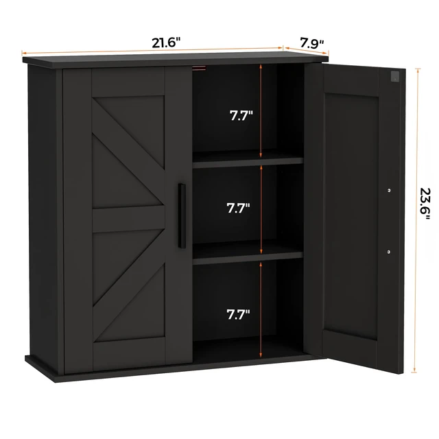 Alt view image 3 of 7 - Bathroom Wall Cabinet, Medicine Cabinet with Adjustable Shelves | 3-Tier Wall Mounted Over Toilet Storage with Barn Doors, for Bathroom, Kitchen, Entryway, Laundry Room, Black, (7.9" D)