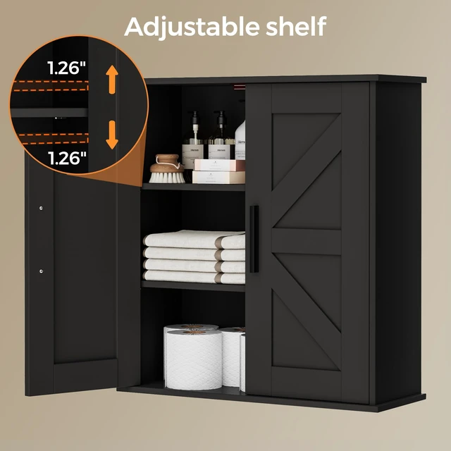 Alt view image 5 of 7 - Bathroom Wall Cabinet, Medicine Cabinet with Adjustable Shelves | 3-Tier Wall Mounted Over Toilet Storage with Barn Doors, for Bathroom, Kitchen, Entryway, Laundry Room, Black, (7.9" D)