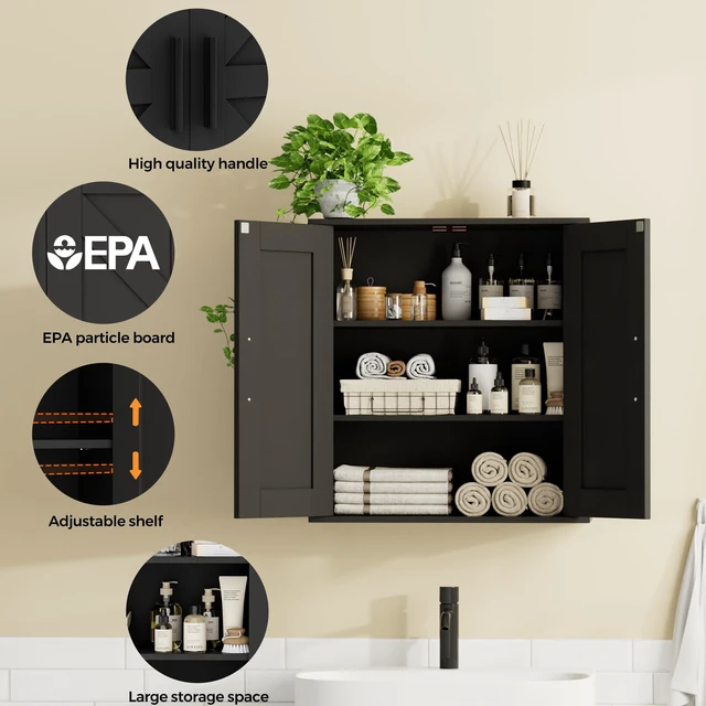 Alt view image 4 of 7 - Bathroom Wall Cabinet, Medicine Cabinet with Adjustable Shelves | 3-Tier Wall Mounted Over Toilet Storage with Barn Doors, for Bathroom, Kitchen, Entryway, Laundry Room, Black, (7.9" D)