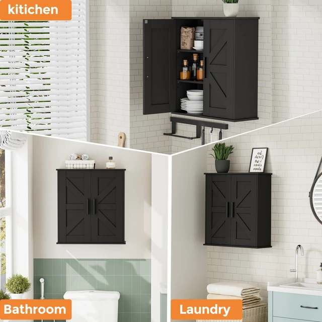 Alt view image 6 of 7 - Bathroom Wall Cabinet, Medicine Cabinet with Adjustable Shelves | 3-Tier Wall Mounted Over Toilet Storage with Barn Doors, for Bathroom, Kitchen, Entryway, Laundry Room, Black, (7.9" D)