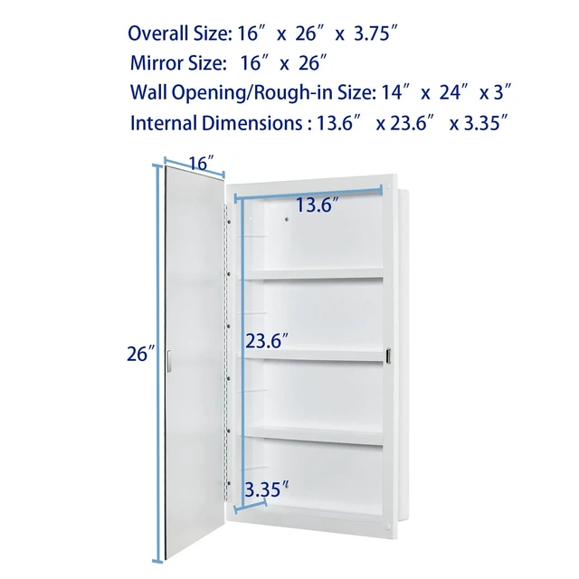 Alt view image 3 of 7 - Plastic Medicine Mirror Cabinet for Bathroom 16 x 26 inch, Surface and Recessed Mount