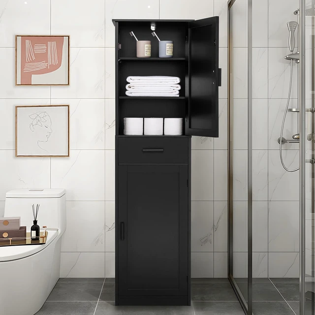 Alt view image 2 of 7 - 67'' Tall Storage Cabinet with 4 Shelves & 2 Doors, Bathroom Cabinet with 1 Drawer, Narrow Storage Cabinets for Bathroom, Living Room, Home Office, Black