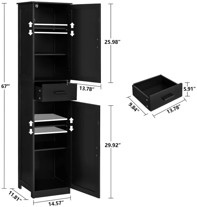 Alt view image 6 of 7 - 67'' Tall Storage Cabinet with 4 Shelves & 2 Doors, Bathroom Cabinet with 1 Drawer, Narrow Storage Cabinets for Bathroom, Living Room, Home Office, Black