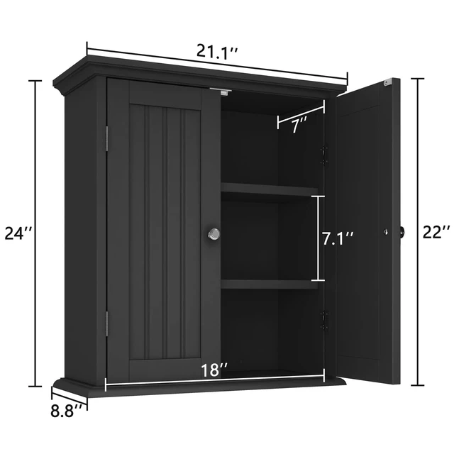 Alt view image 2 of 7 - Bathroom Wall Cabinet with 2 Doors, Over The Toilet | 8.8"D x 21.1"W x 24"H, Medicine Cabinet, Adjustable Shelves, Cupboard, Black