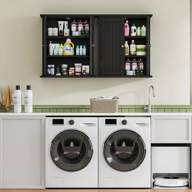 Alt view image 7 of 7 - Bathroom Wall Cabinet with 2 Doors, Over The Toilet | 8.8"D x 21.1"W x 24"H, Medicine Cabinet, Adjustable Shelves, Cupboard, Black