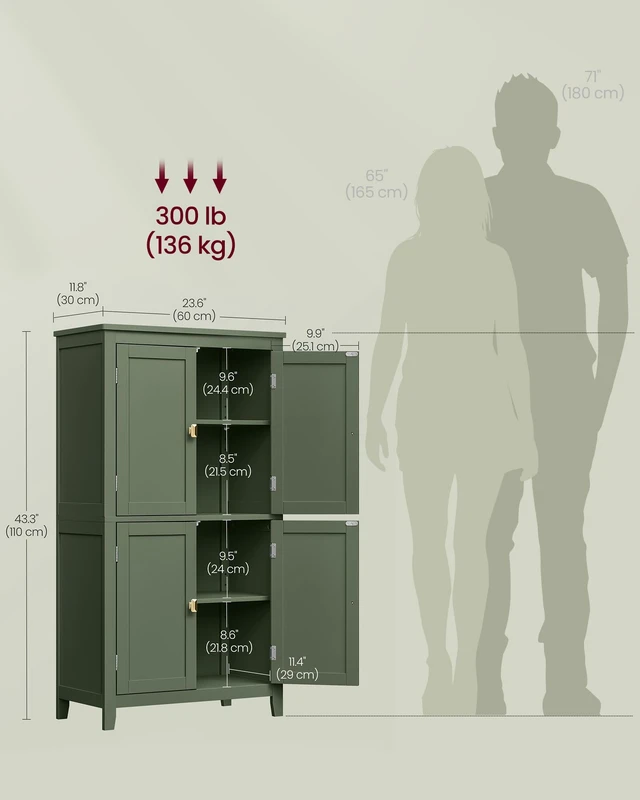 Alt view image 4 of 6 - Bathroom Floor Cabinet, with 4 Doors, Forest Green | Freestanding Bathroom Storage Unit, Adjustable Shelf,23.6 x 11.8 x 43.3 Inches, HELAN Collection UBBC552C01