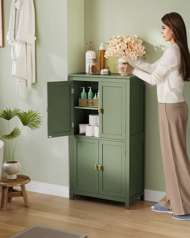 Alt view image 6 of 6 - Bathroom Floor Cabinet, with 4 Doors, Forest Green | Freestanding Bathroom Storage Unit, Adjustable Shelf,23.6 x 11.8 x 43.3 Inches, HELAN Collection UBBC552C01