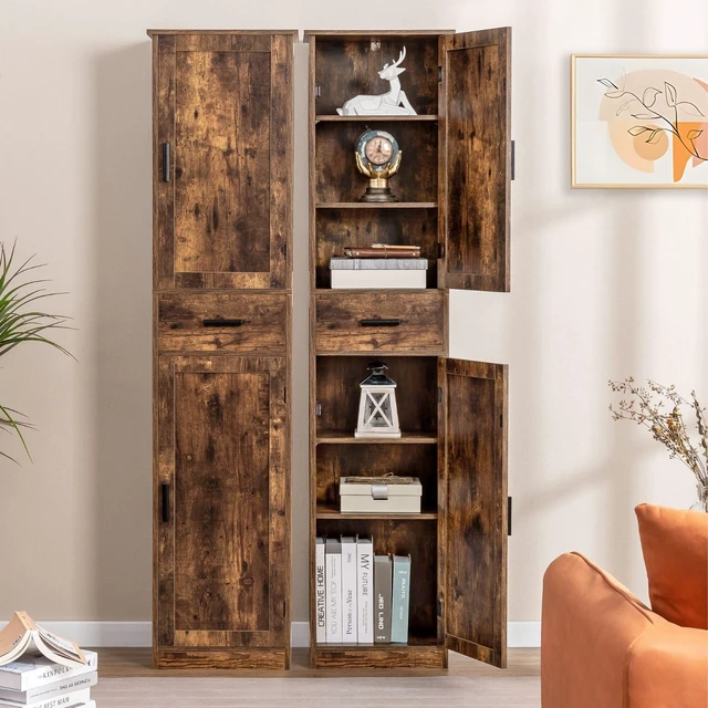 Alt view image 2 of 7 - 67'' Tall Storage Cabinet with Adjustable Shelves & 2 Doors, Bathroom Cabinet with 1 Drawer, Narrow Tall Cabinets for Living Room, Home Office, Rustic Brown
