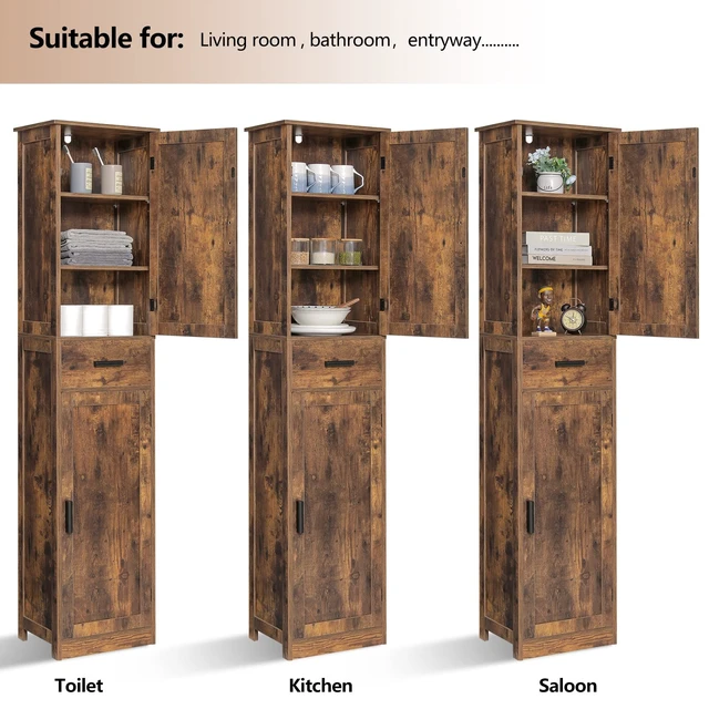 Alt view image 4 of 7 - 67'' Tall Storage Cabinet with Adjustable Shelves & 2 Doors, Bathroom Cabinet with 1 Drawer, Narrow Tall Cabinets for Living Room, Home Office, Rustic Brown