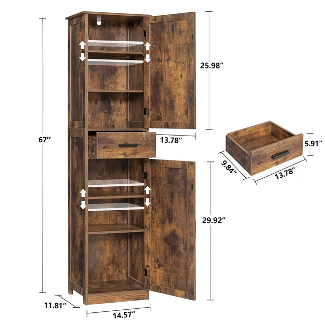 Alt view image 7 of 7 - 67'' Tall Storage Cabinet with Adjustable Shelves & 2 Doors, Bathroom Cabinet with 1 Drawer, Narrow Tall Cabinets for Living Room, Home Office, Rustic Brown