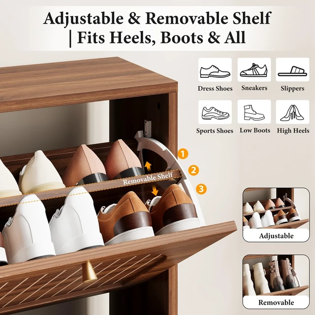 Alt view image 4 of 7 - Arch-Chic Shoe Cabinet for Entryway, Modern Mid-Century Shoe Storage Cabinet with Fluted, Narrow Shoe Rack with Adjustable Shelves & Tipping Protection, Fits Size 12+ Shoes,Luminous Walnut