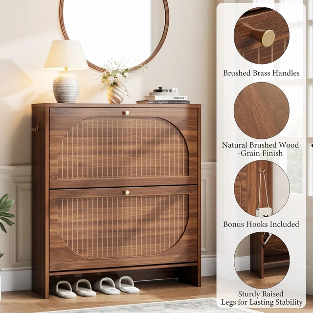 Alt view image 6 of 7 - Arch-Chic Shoe Cabinet for Entryway, Modern Mid-Century Shoe Storage Cabinet with Fluted, Narrow Shoe Rack with Adjustable Shelves & Tipping Protection, Fits Size 12+ Shoes,Luminous Walnut